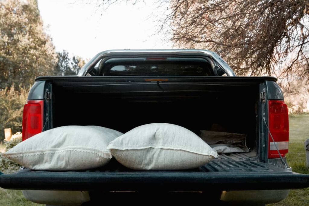 Sand bags used as weight in the back of a truck