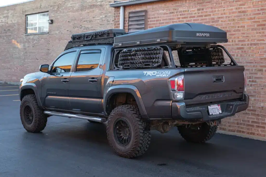 Rear angle of Toyota Tacoma with rooftop tent
